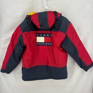 Tommy Hilfiger Colorblock Puffer Jacket Red Navy Yellow Hooded Size Large 14-16